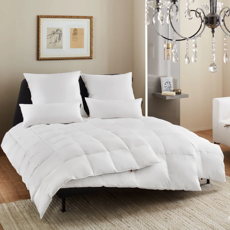 Modernes Schlafzimmer mit weißer Daunendecke, Kissen und eleganter Kronleuchte.